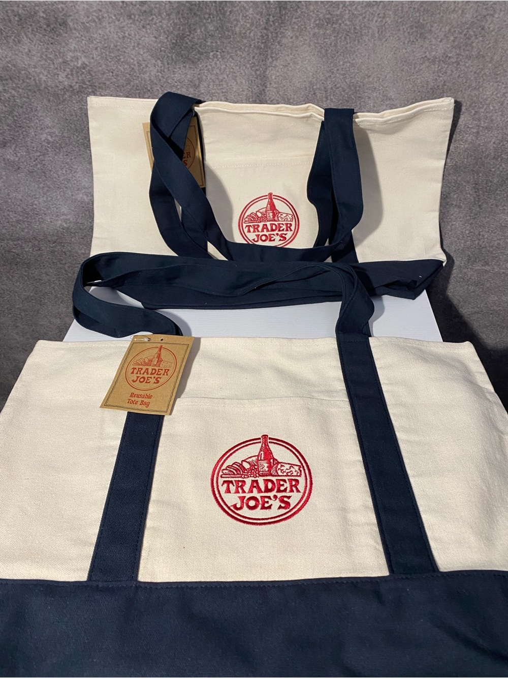 Lot of 2 Trader Joe's Large Navy Blue Canvas Reusable Shopping Tote Bags NWT